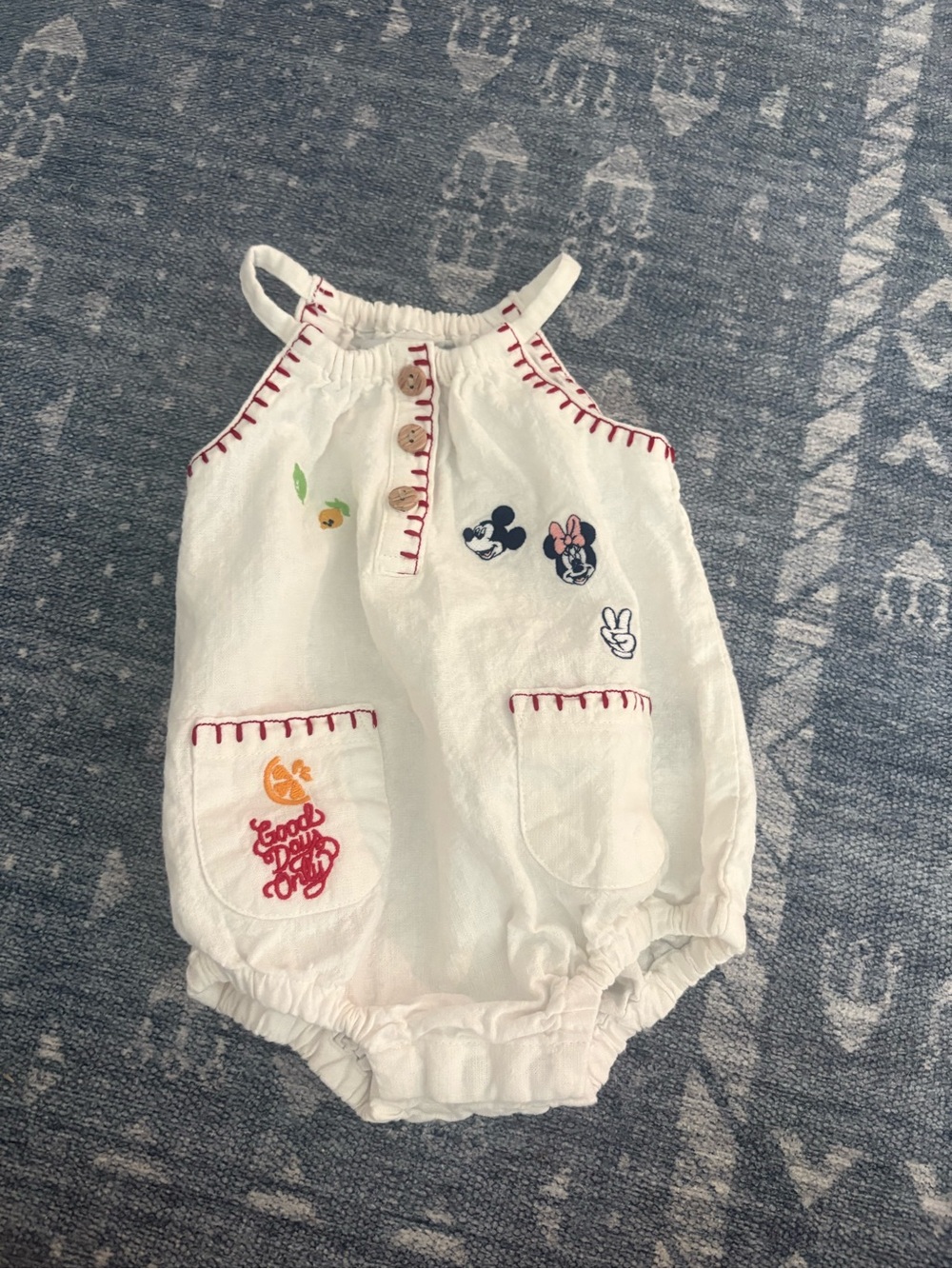 Old Navy White Baby Romper with Red Stitching and Disney Patches